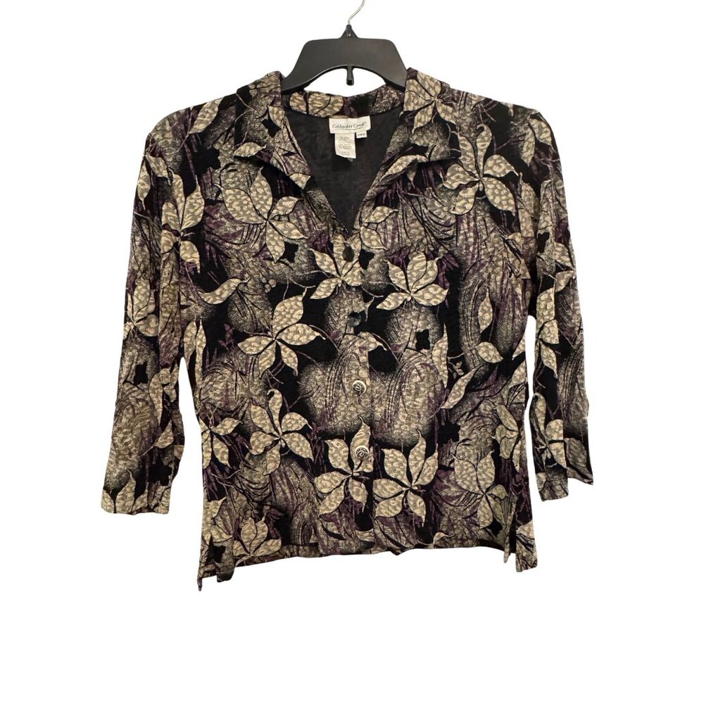 Vintage Coldwater Creek Black & Purple Floral Button Front Blouse size Medium